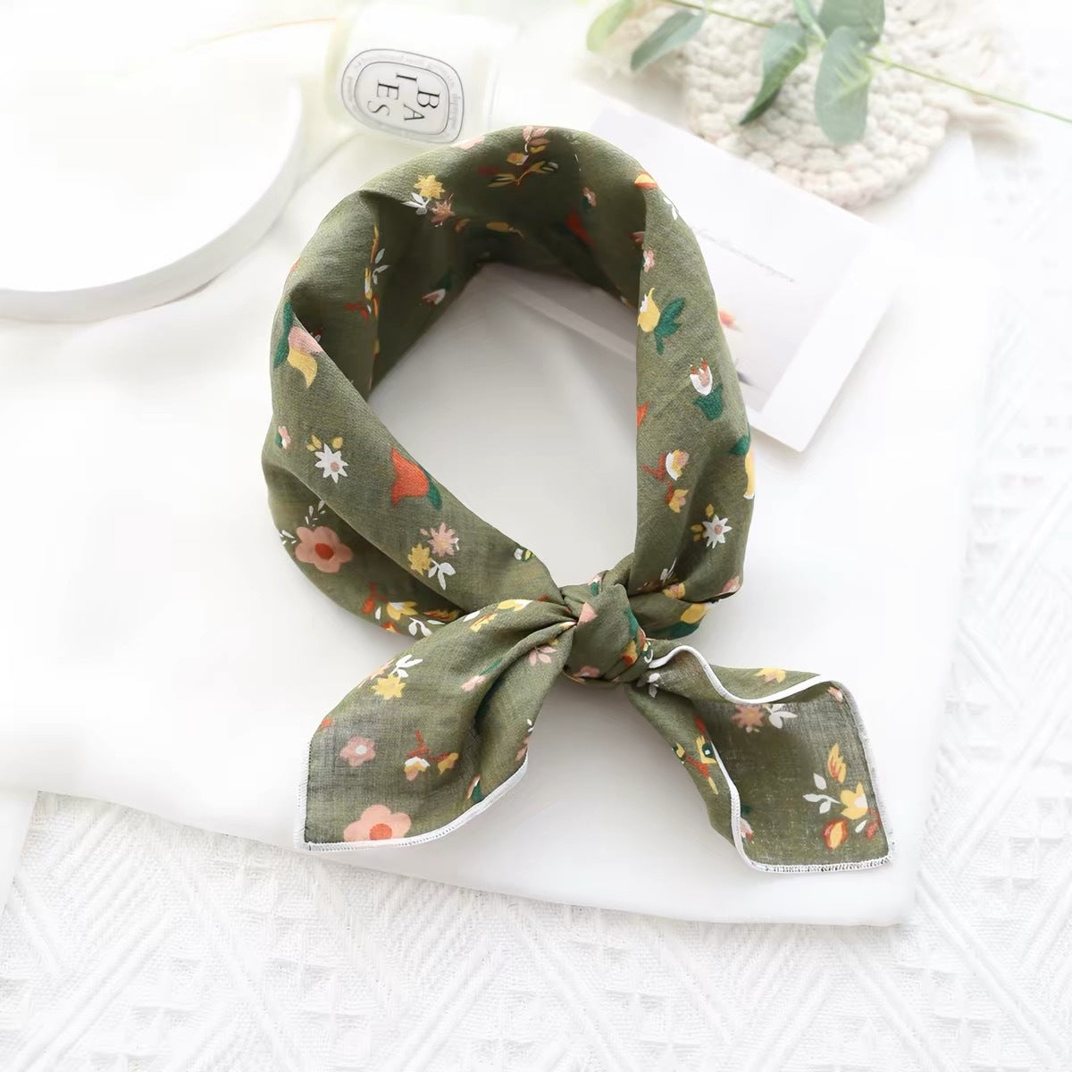 New Style Cotton And Linen Bandana With Flowers Pattern In Airy Blue, Perfect For Spring & Summer