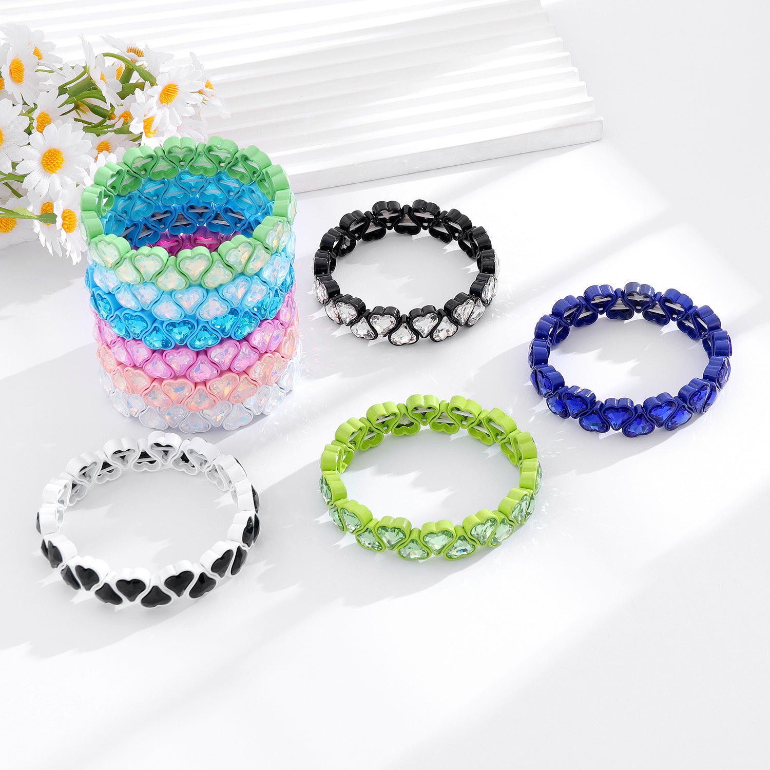 Heart Shape Bracelets For Women With Elastic String Chain, Zinc Alloy Material Featuring Rhinestones, Perfect For Business