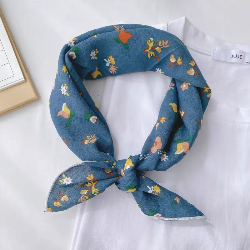 New Style Cotton And Linen Bandana With Flowers Pattern In Airy Blue, Perfect For Spring & Summer