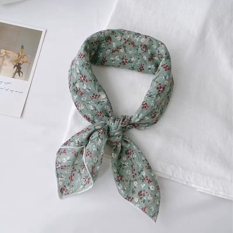 New Style Cotton And Linen Bandana With Flowers Pattern In Airy Blue, Perfect For Spring & Summer