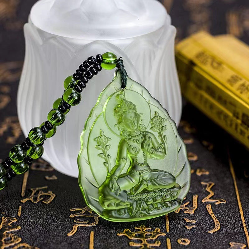Ethnic Style Buddha Pendant Made Of Glass With Glass Inlay, Unisex Design In Green