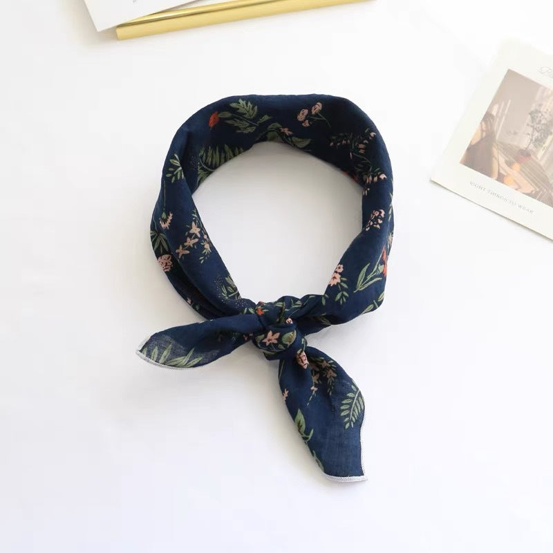 New Style Cotton And Linen Bandana With Flowers Pattern In Airy Blue, Perfect For Spring & Summer