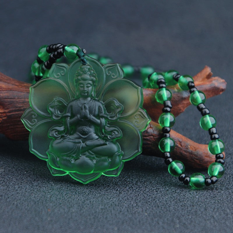 Ethnic Style Buddha Pendant Made Of Glass With Glass Inlay, Unisex Design In Green