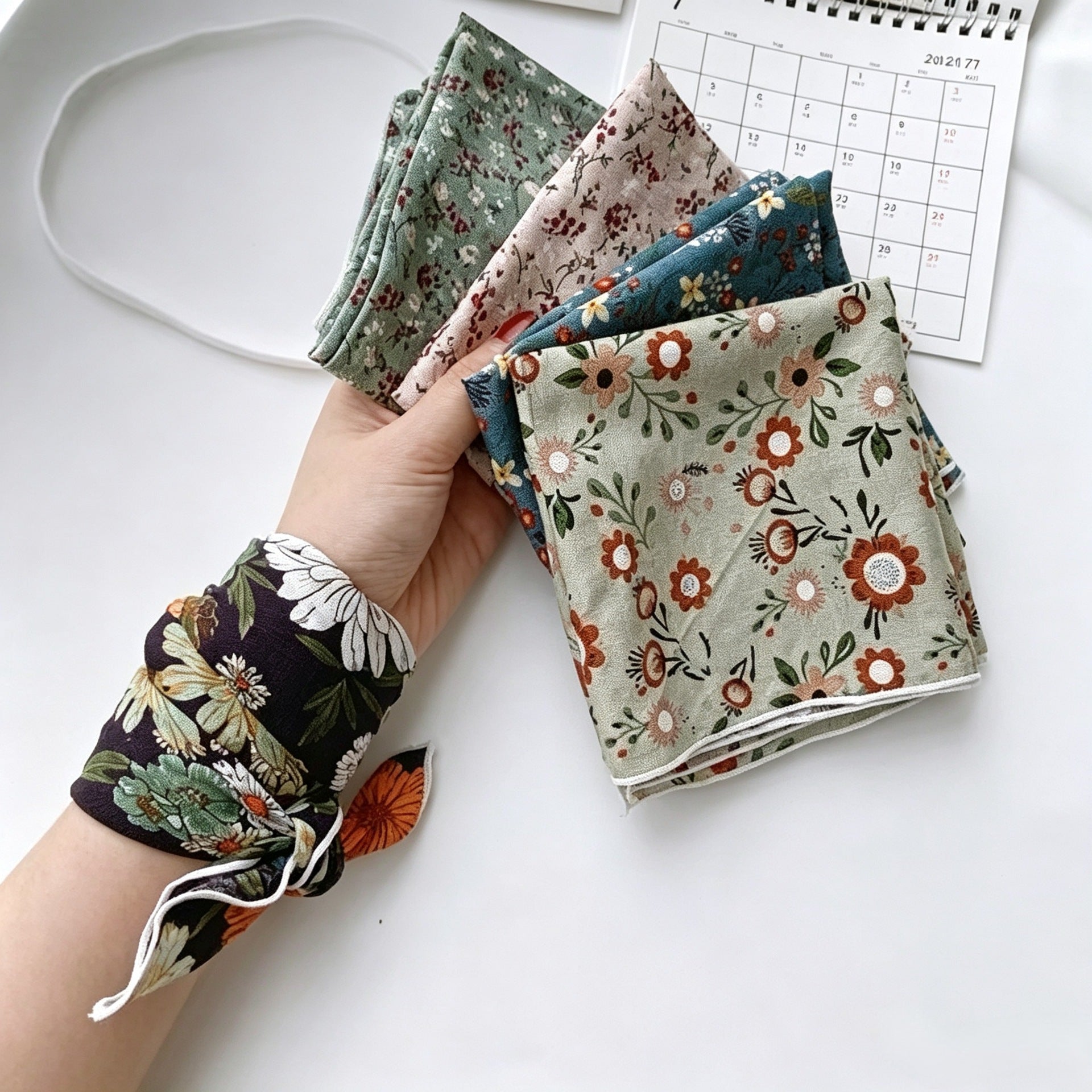 New Style Cotton And Linen Bandana With Flowers Pattern In Airy Blue, Perfect For Spring & Summer