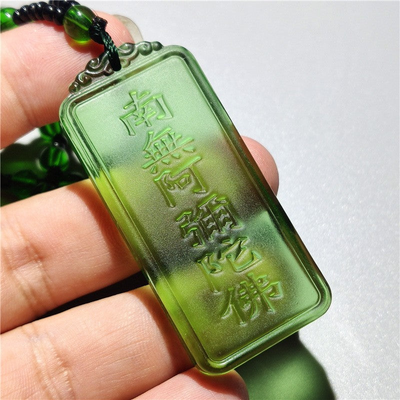 Ethnic Style Buddha Pendant Made Of Glass With Glass Inlay, Unisex Design In Green
