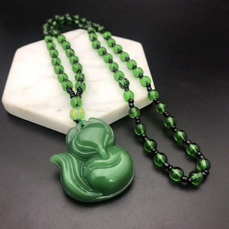 Handmade Ethnic Style Dragon Necklace In Dark Green With Acrylic Pendant And Ball Chain For Unisex
