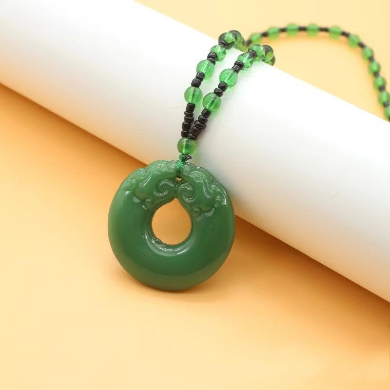 Handmade Ethnic Style Dragon Necklace In Dark Green With Acrylic Pendant And Ball Chain For Unisex