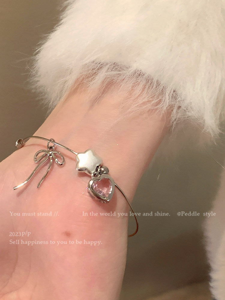 Heart Shape Bangle Bracelet For Women In New Style, Electroplated Copper With Natural Pink Finish