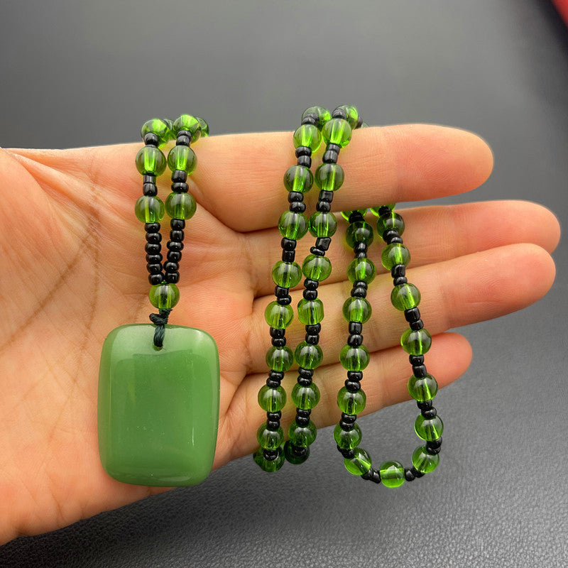 Handmade Ethnic Style Dragon Necklace In Dark Green With Acrylic Pendant And Ball Chain For Unisex