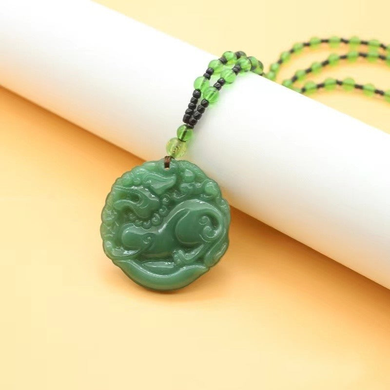 Handmade Ethnic Style Dragon Necklace In Dark Green With Acrylic Pendant And Ball Chain For Unisex