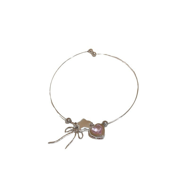 Heart Shape Bangle Bracelet For Women In New Style, Electroplated Copper With Natural Pink Finish