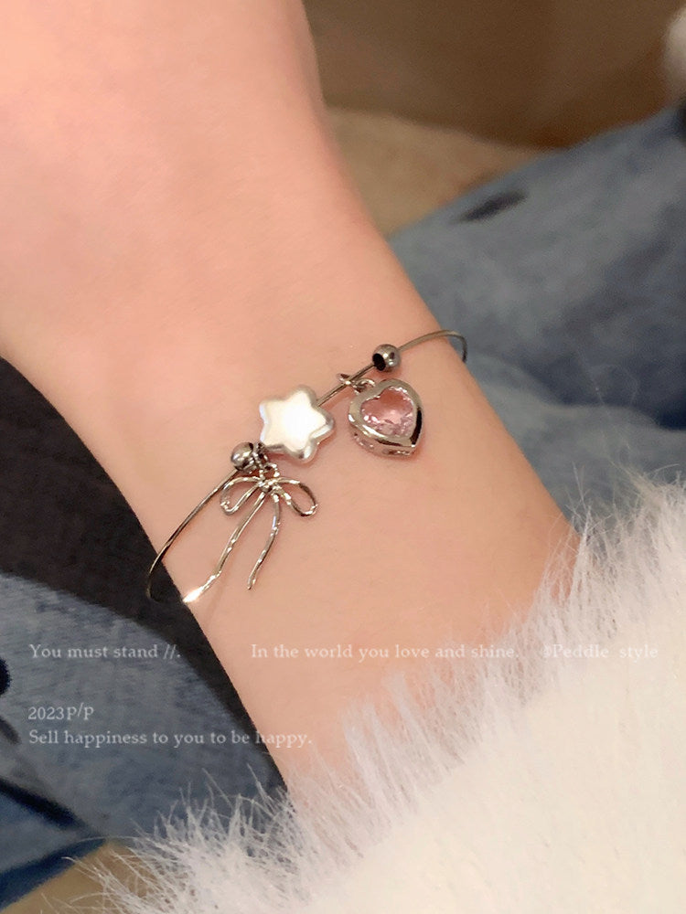 Heart Shape Bangle Bracelet For Women In New Style, Electroplated Copper With Natural Pink Finish