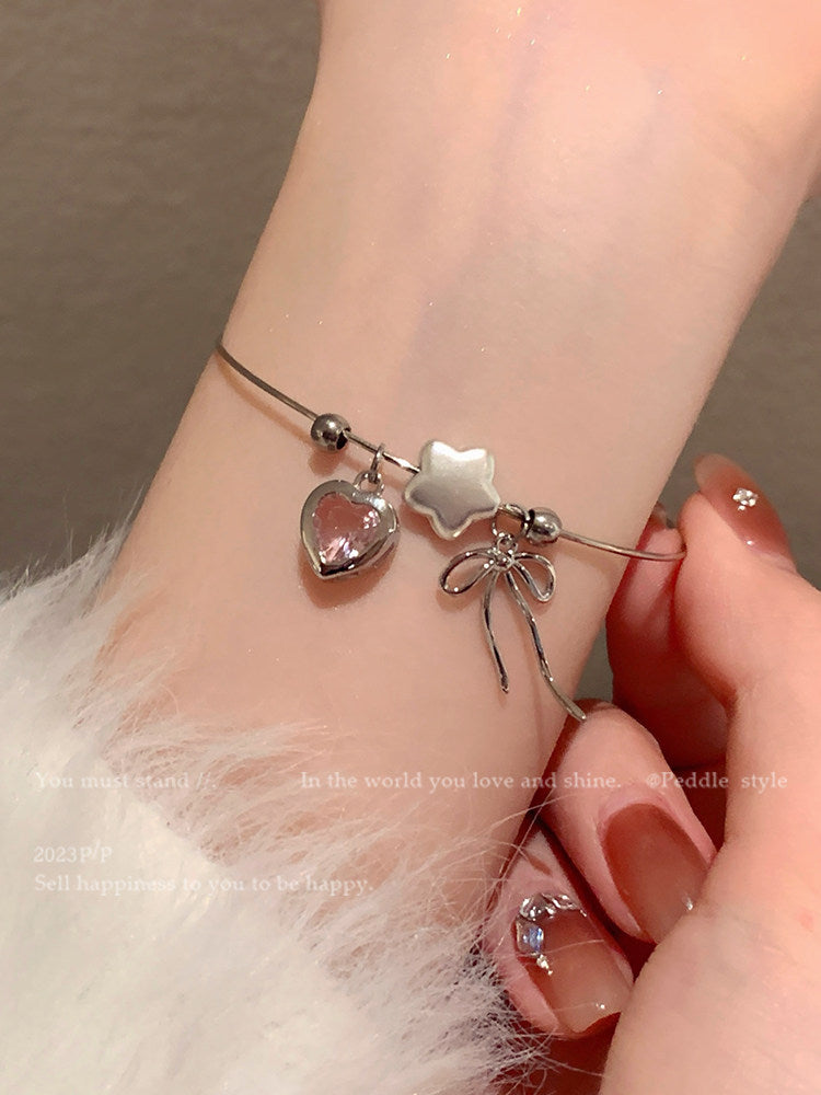 Heart Shape Bangle Bracelet For Women In New Style, Electroplated Copper With Natural Pink Finish