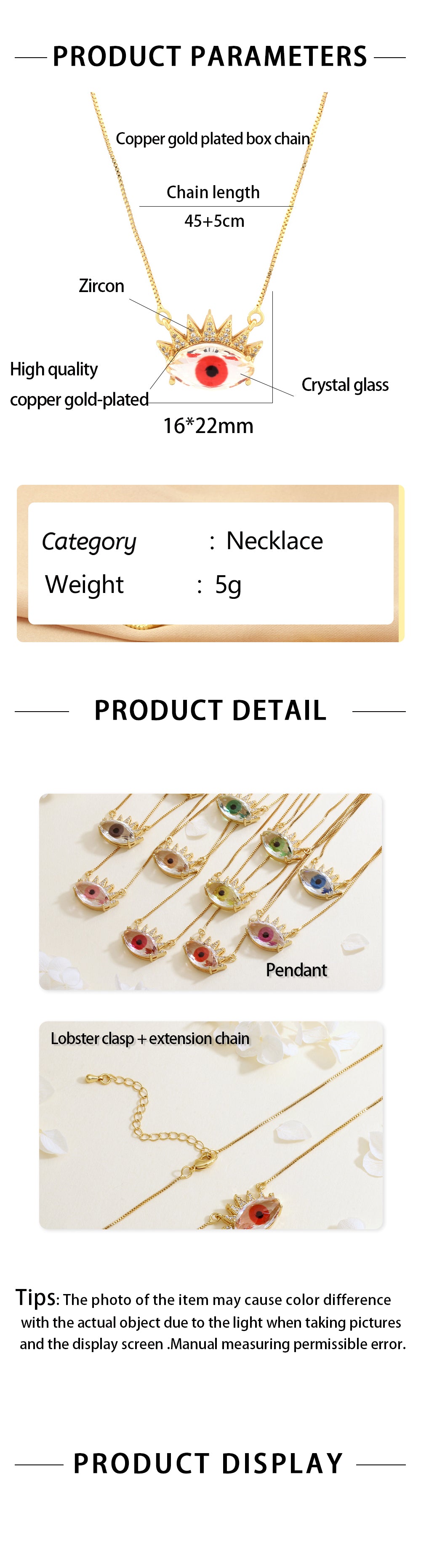 Devil's Eye Necklace With Inlay Crystal Glass, Electroplated Copper Featuring 18K Real Gold Plated Box Chain In IG Style