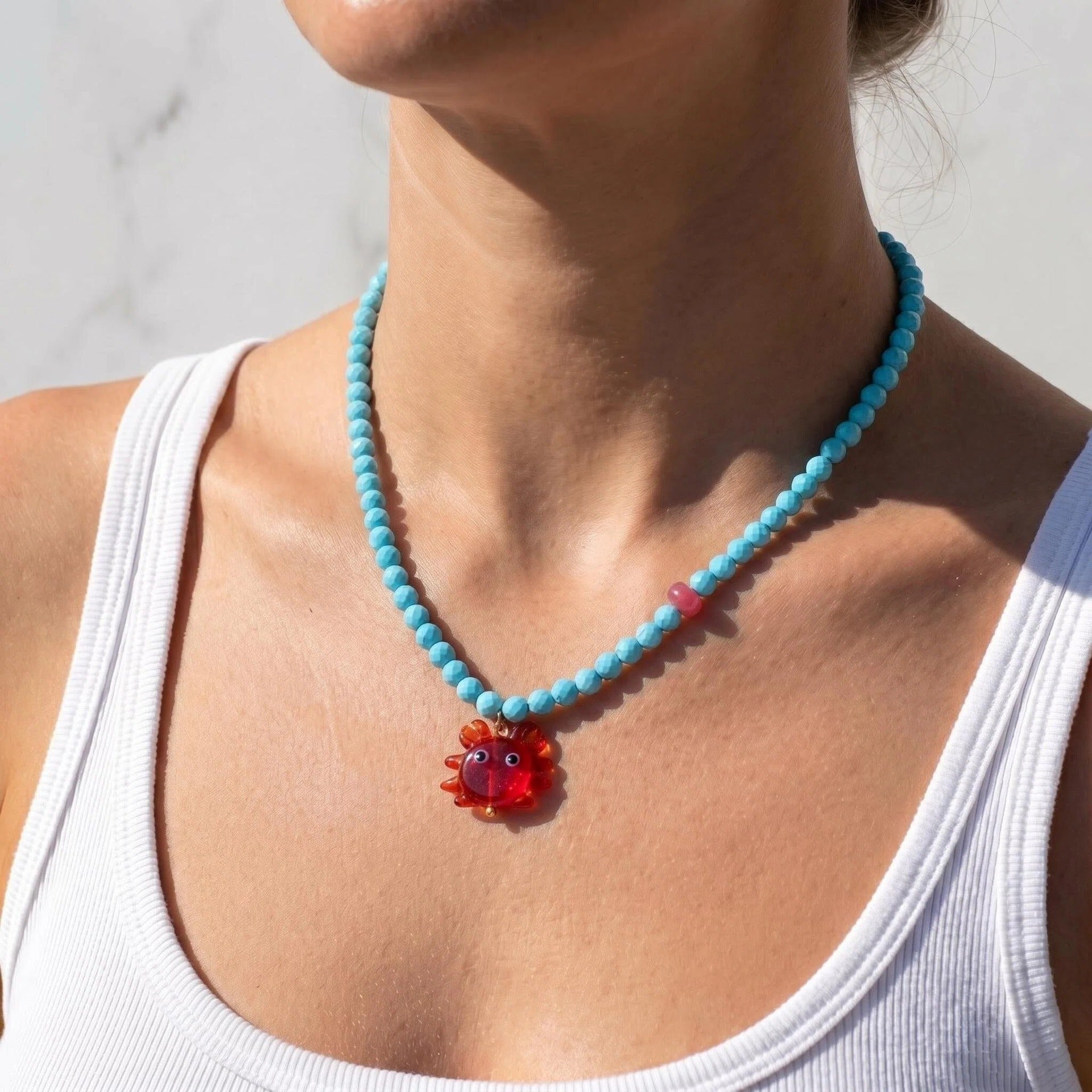 Bohemian Sky Blue Glass Beaded Chain Necklace Featuring Crab Beading Design For Unisex