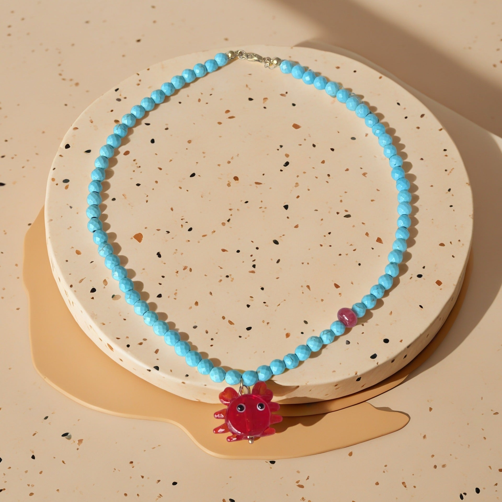 Bohemian Sky Blue Glass Beaded Chain Necklace Featuring Crab Beading Design For Unisex