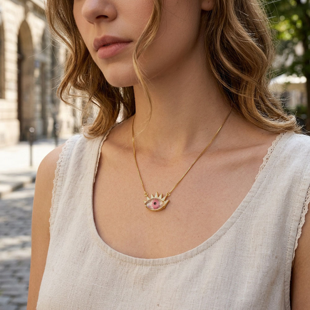 Devil's Eye Necklace With Inlay Crystal Glass, Electroplated Copper Featuring 18K Real Gold Plated Box Chain In IG Style