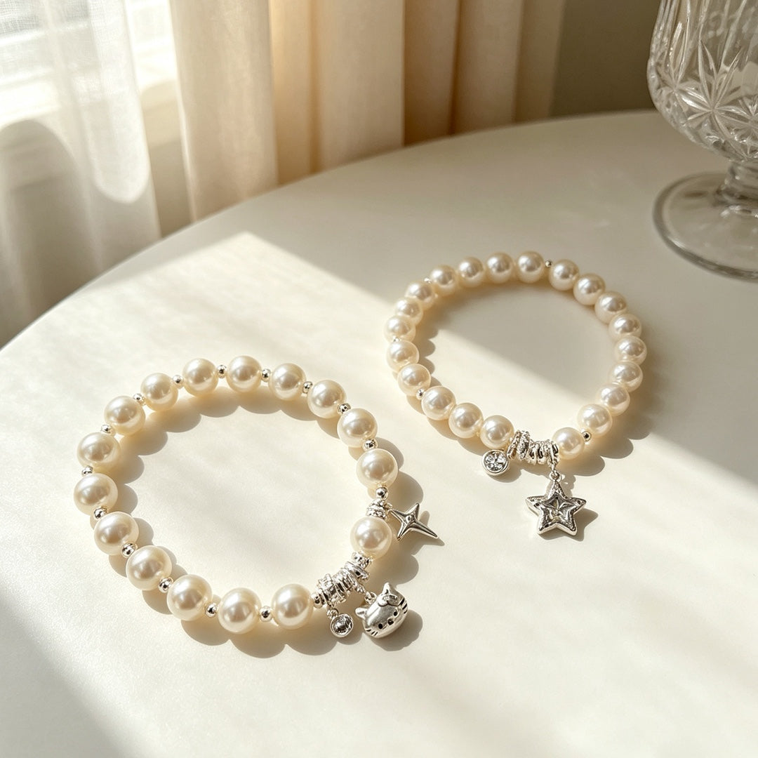 Cute Cat Beaded Copper Bracelet For Women With Elastic String Beaded Chain