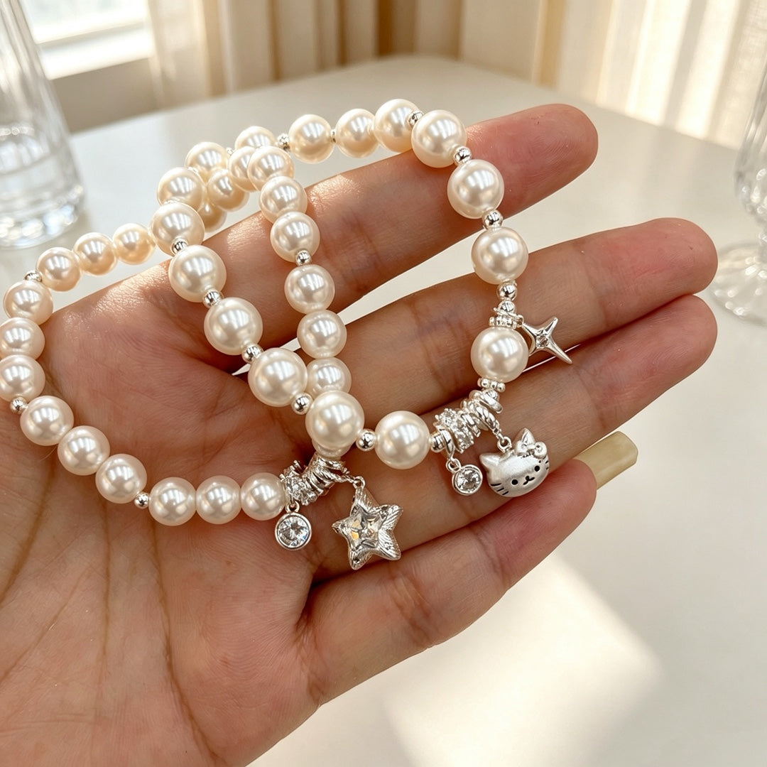 Cute Cat Beaded Copper Bracelet For Women With Elastic String Beaded Chain