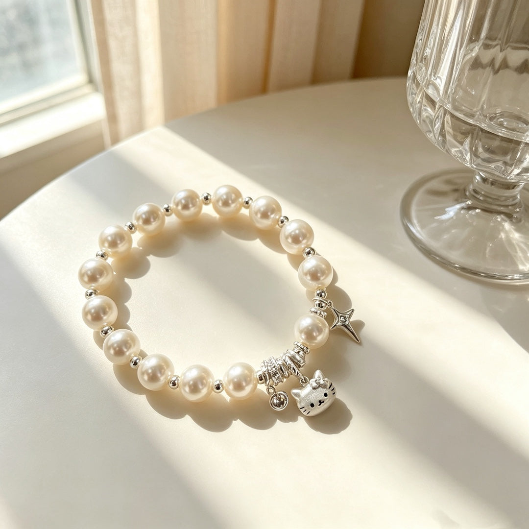 Cute Cat Beaded Copper Bracelet For Women With Elastic String Beaded Chain
