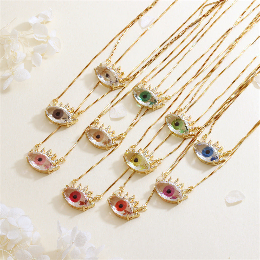 Devil's Eye Necklace With Inlay Crystal Glass, Electroplated Copper Featuring 18K Real Gold Plated Box Chain In IG Style
