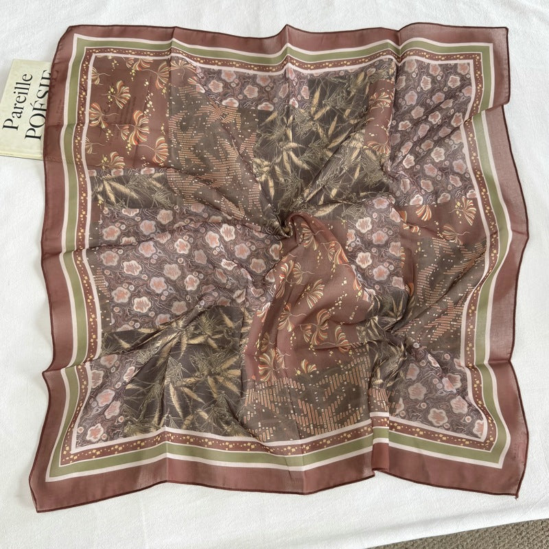 French Style Women's Polyester Bandana In Brown, Perfect For Spring & Summer, Elegant Silk Scarf Accessory