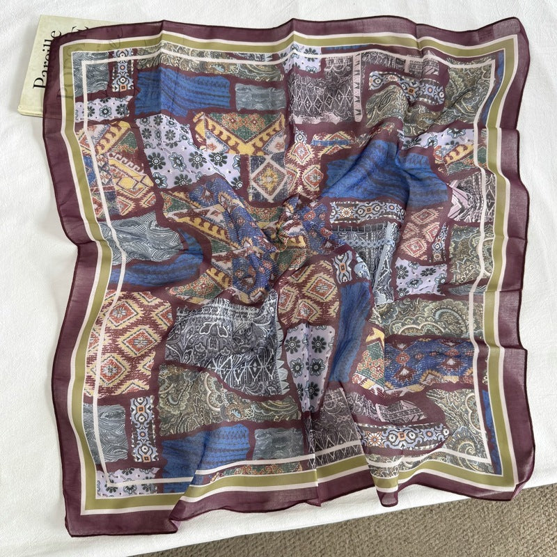 French Style Women's Polyester Bandana In Brown, Perfect For Spring & Summer, Elegant Silk Scarf Accessory