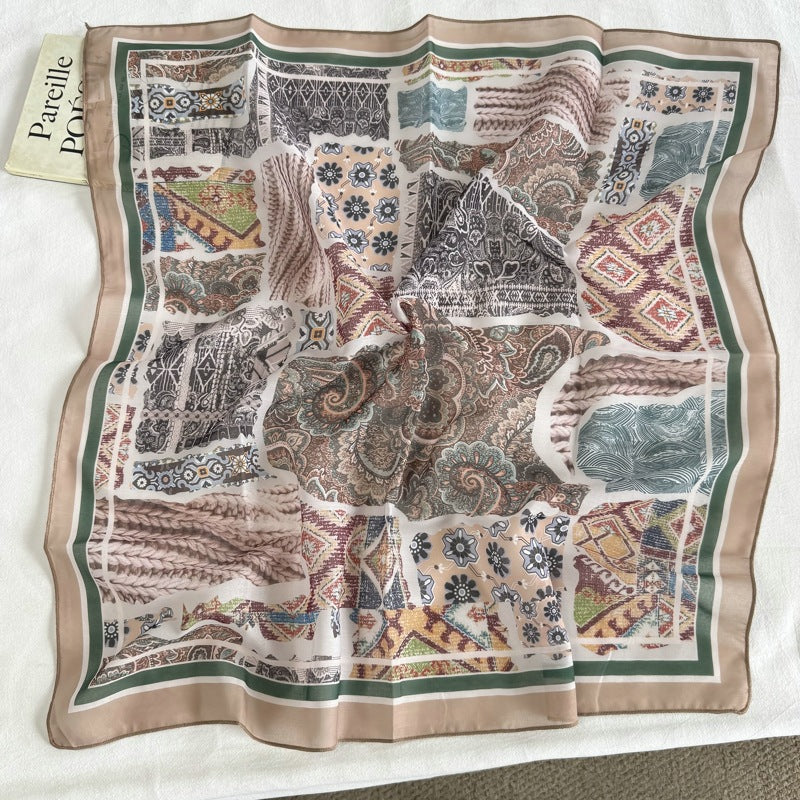 French Style Women's Polyester Bandana In Brown, Perfect For Spring & Summer, Elegant Silk Scarf Accessory