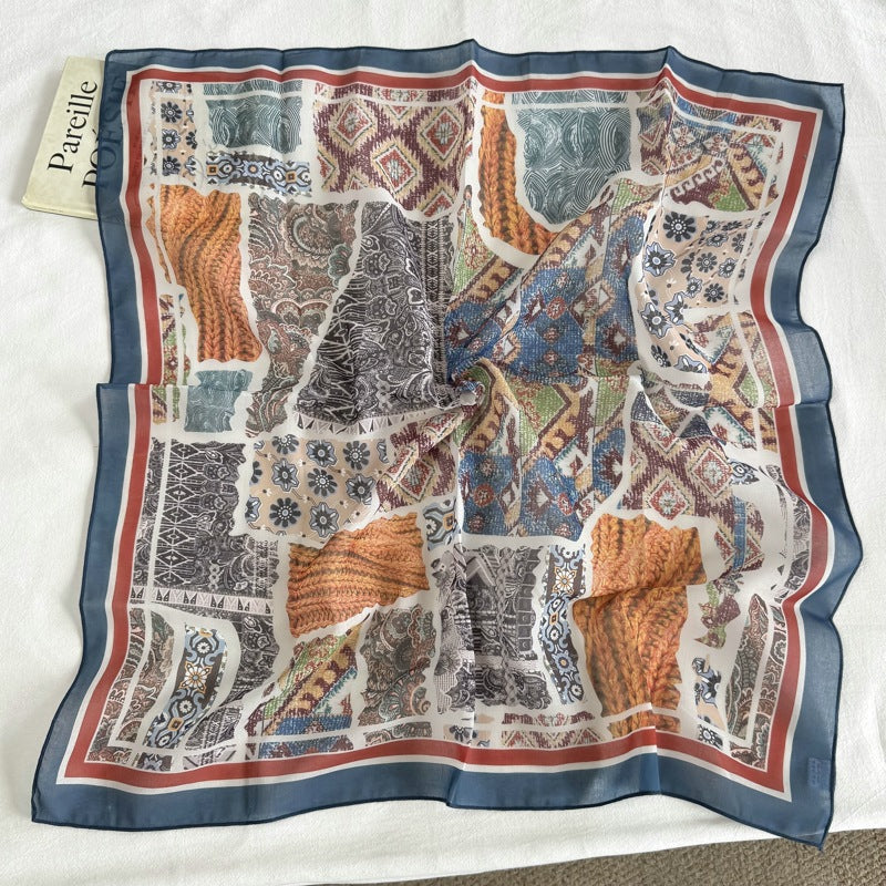French Style Women's Polyester Bandana In Brown, Perfect For Spring & Summer, Elegant Silk Scarf Accessory