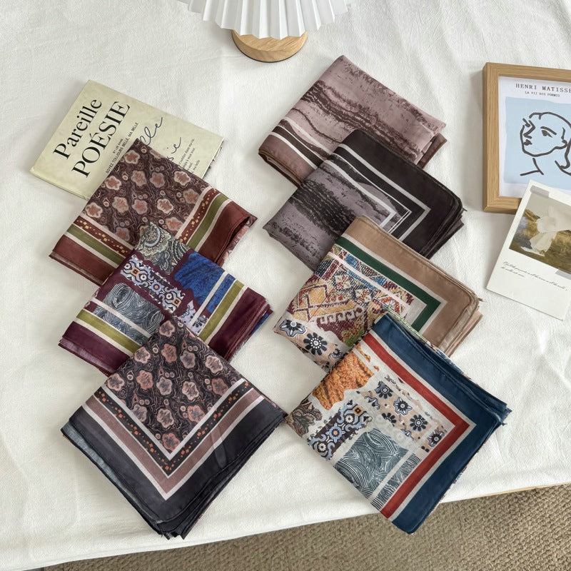 French Style Women's Polyester Bandana In Brown, Perfect For Spring & Summer, Elegant Silk Scarf Accessory