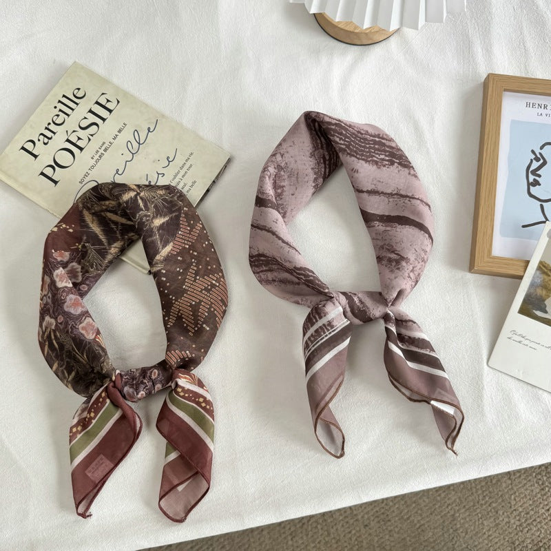 French Style Women's Polyester Bandana In Brown, Perfect For Spring & Summer, Elegant Silk Scarf Accessory