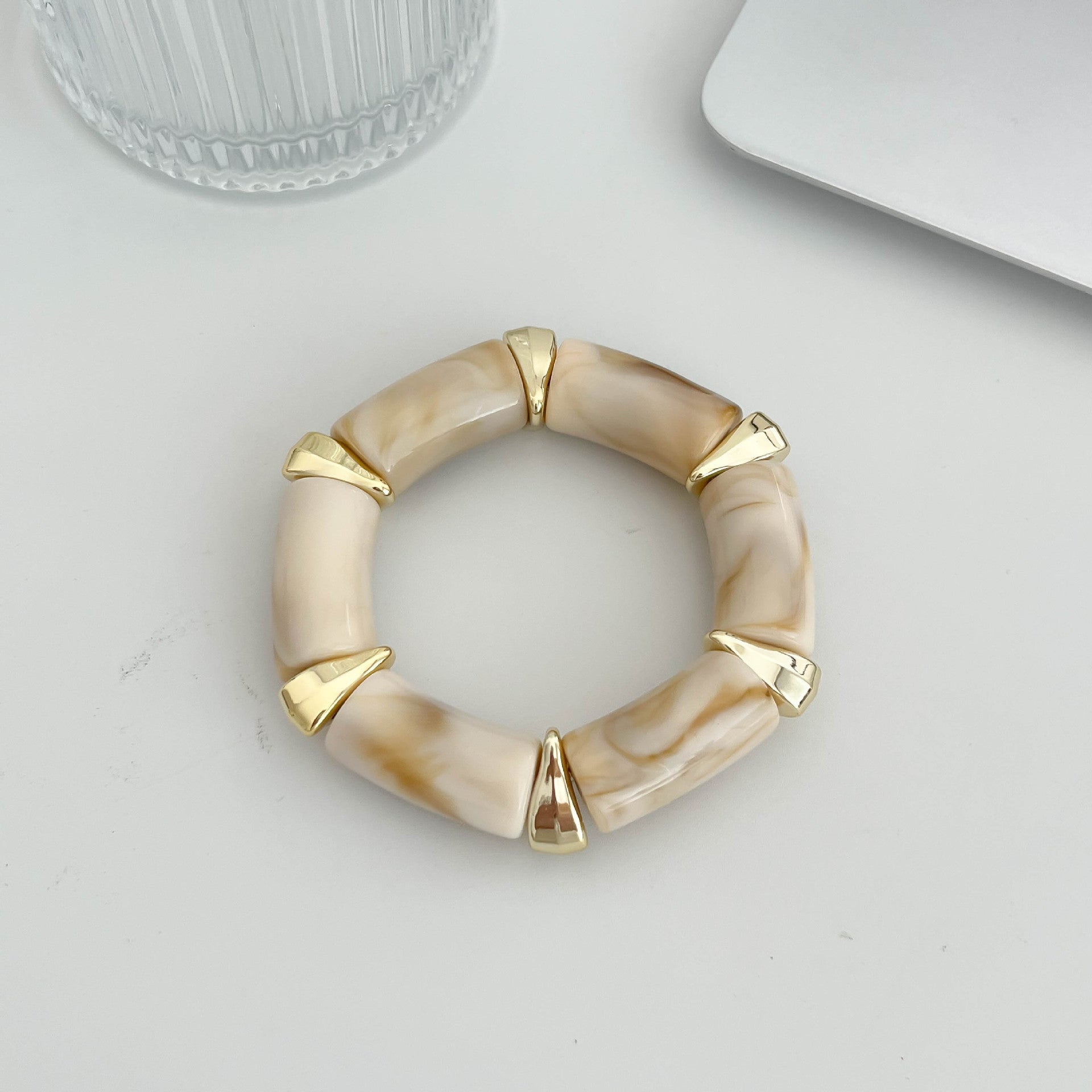 Maillard Style Geometric Bamboo Tube Bangle Bracelet For Women With Beige Resin And Elastic String