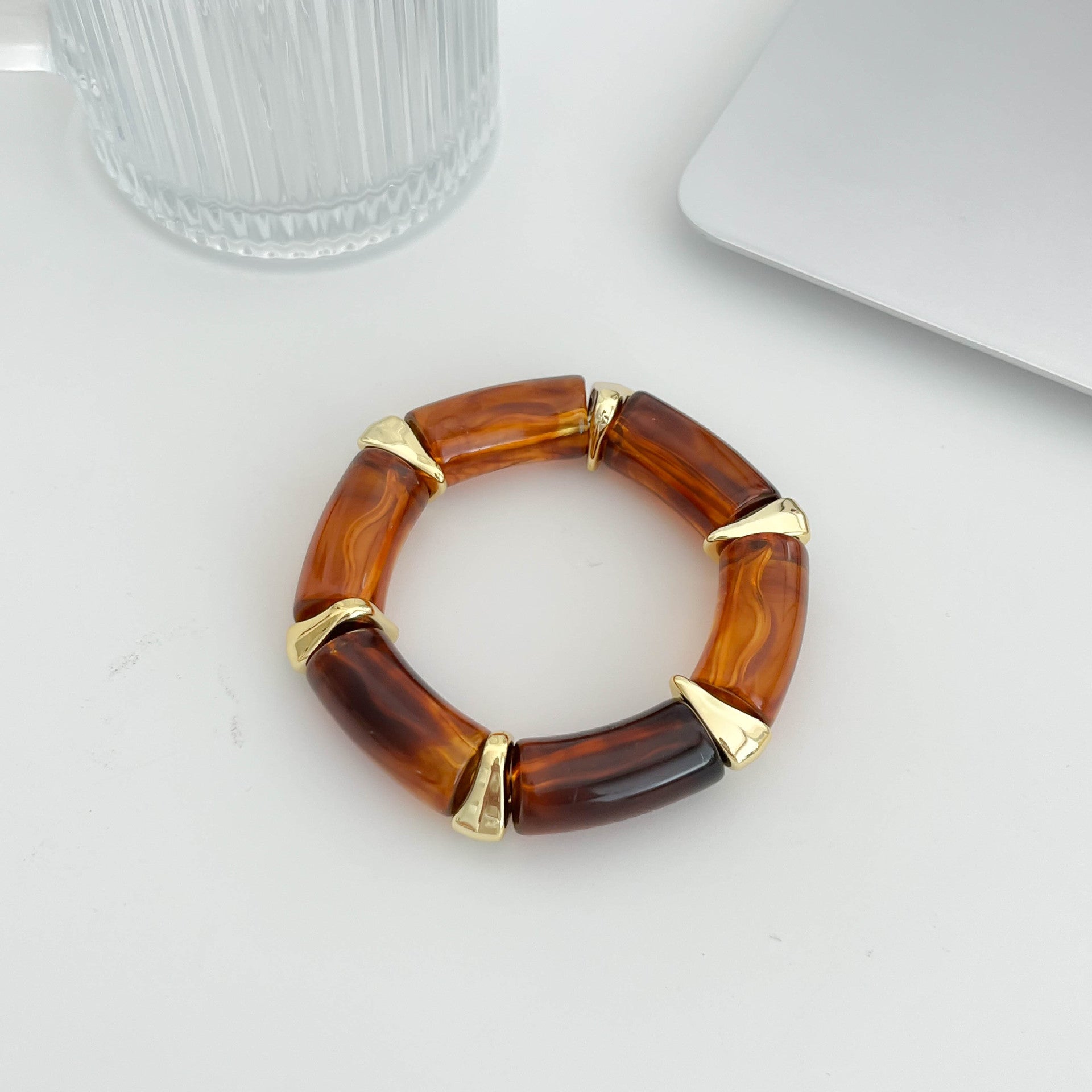 Maillard Style Geometric Bamboo Tube Bangle Bracelet For Women With Beige Resin And Elastic String