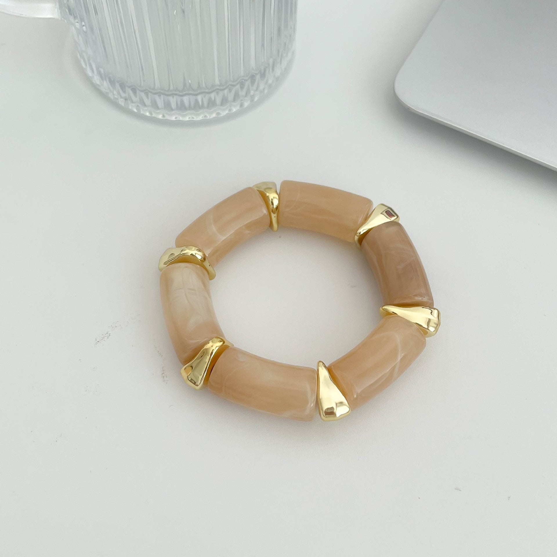 Maillard Style Geometric Bamboo Tube Bangle Bracelet For Women With Beige Resin And Elastic String