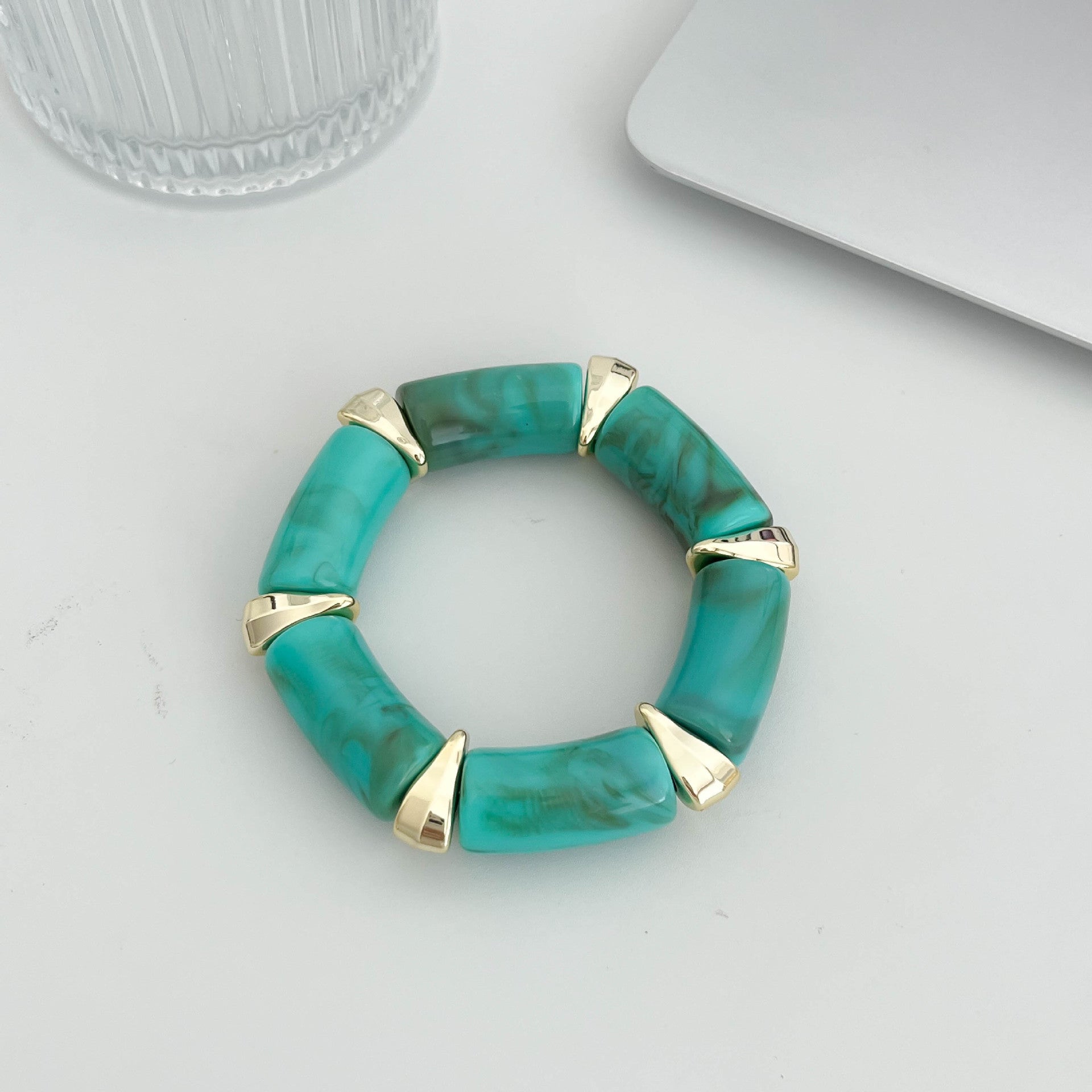 Maillard Style Geometric Bamboo Tube Bangle Bracelet For Women With Beige Resin And Elastic String