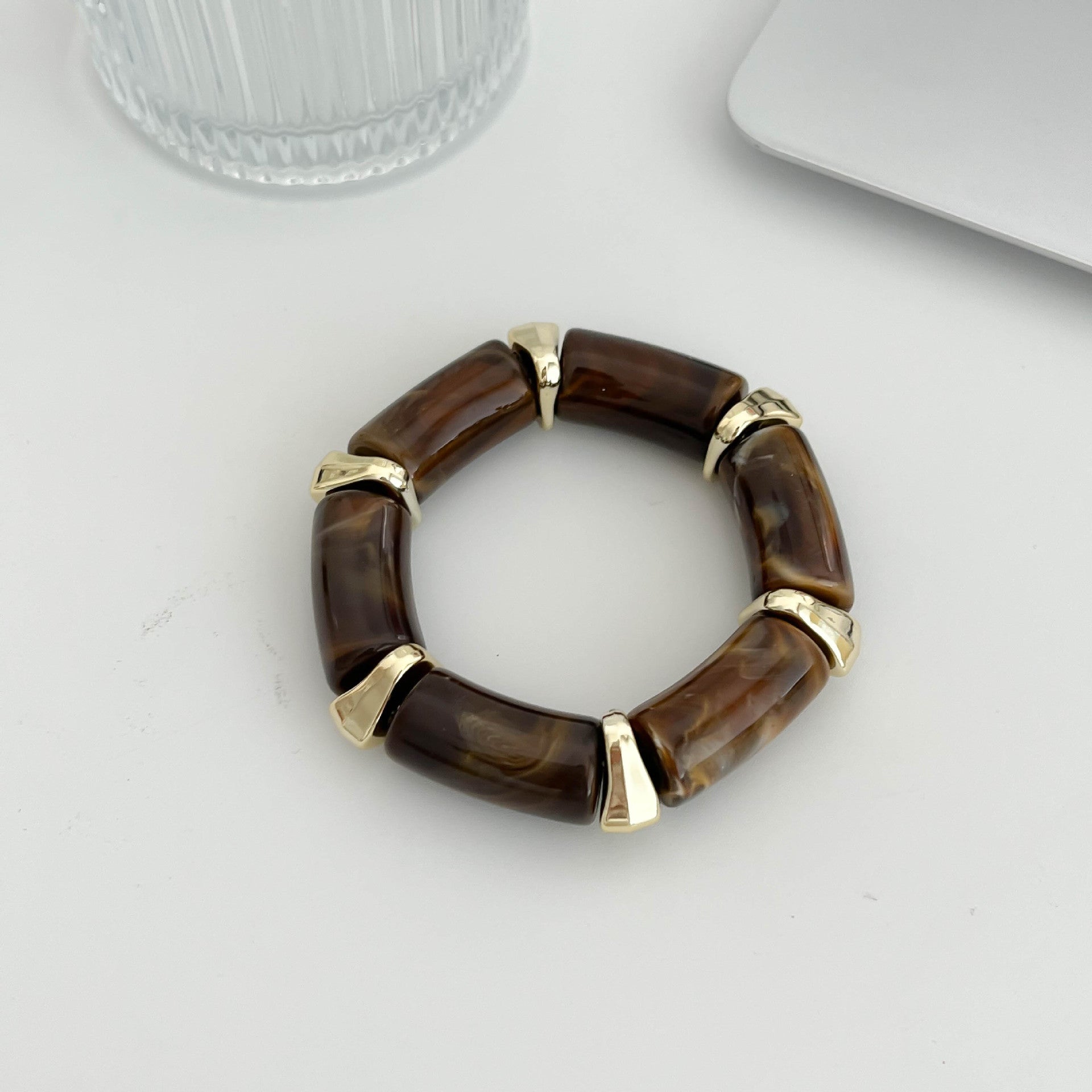Maillard Style Geometric Bamboo Tube Bangle Bracelet For Women With Beige Resin And Elastic String
