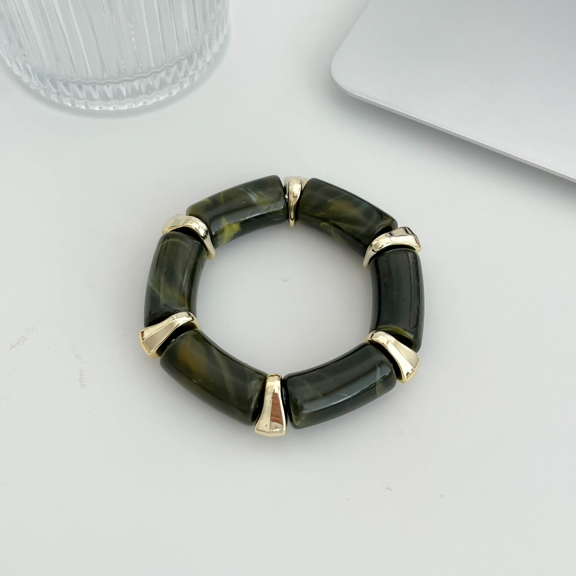 Maillard Style Geometric Bamboo Tube Bangle Bracelet For Women With Beige Resin And Elastic String