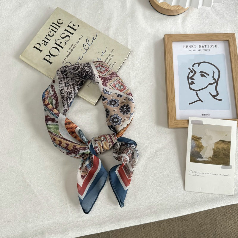 French Style Women's Polyester Bandana In Brown, Perfect For Spring & Summer, Elegant Silk Scarf Accessory