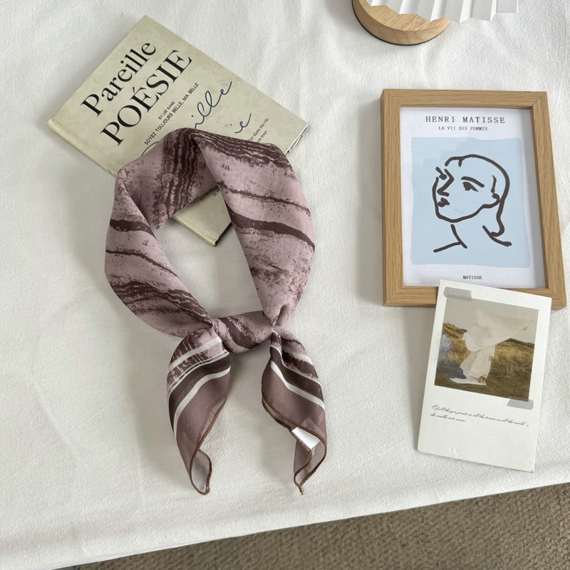 French Style Women's Polyester Bandana In Brown, Perfect For Spring & Summer, Elegant Silk Scarf Accessory