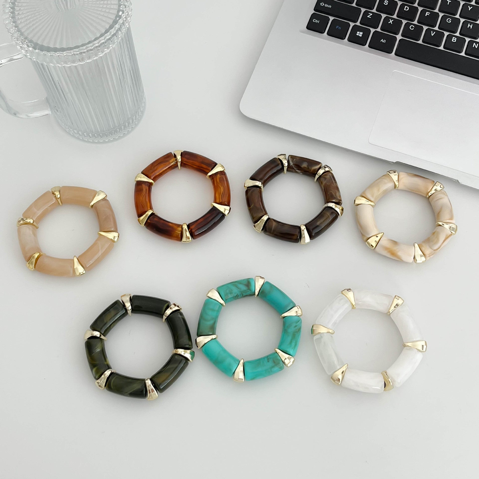 Maillard Style Geometric Bamboo Tube Bangle Bracelet For Women With Beige Resin And Elastic String