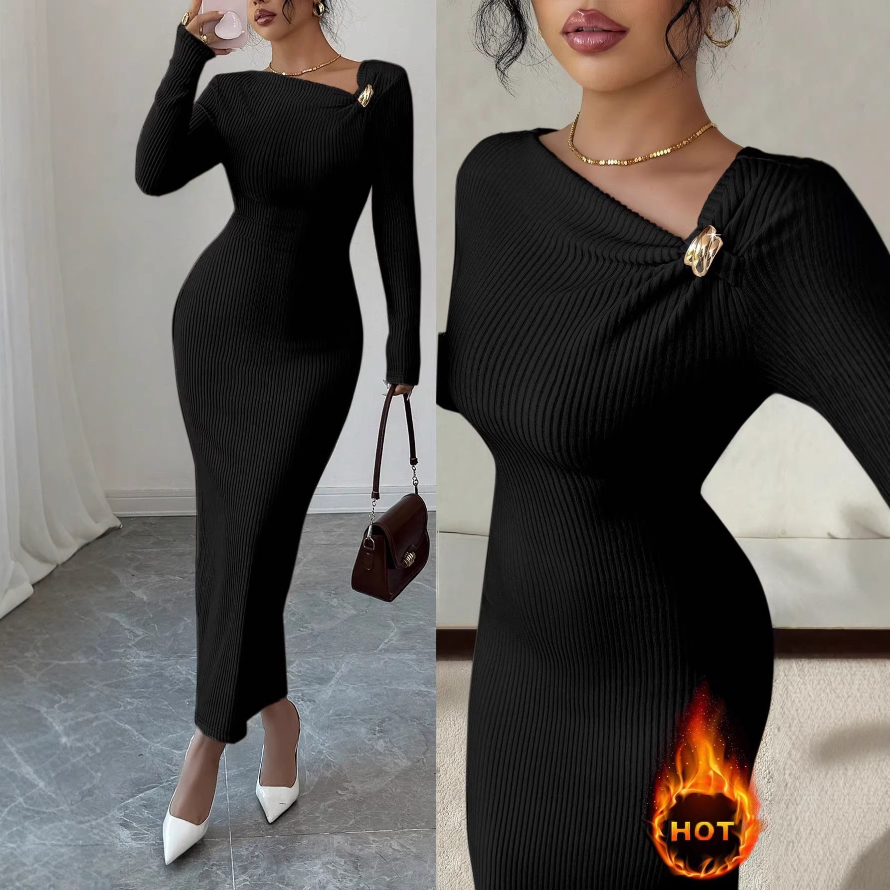 Elegant Solid Color V Neck Sheath Dress With Long Sleeve In Polyester Maxi Long Dress