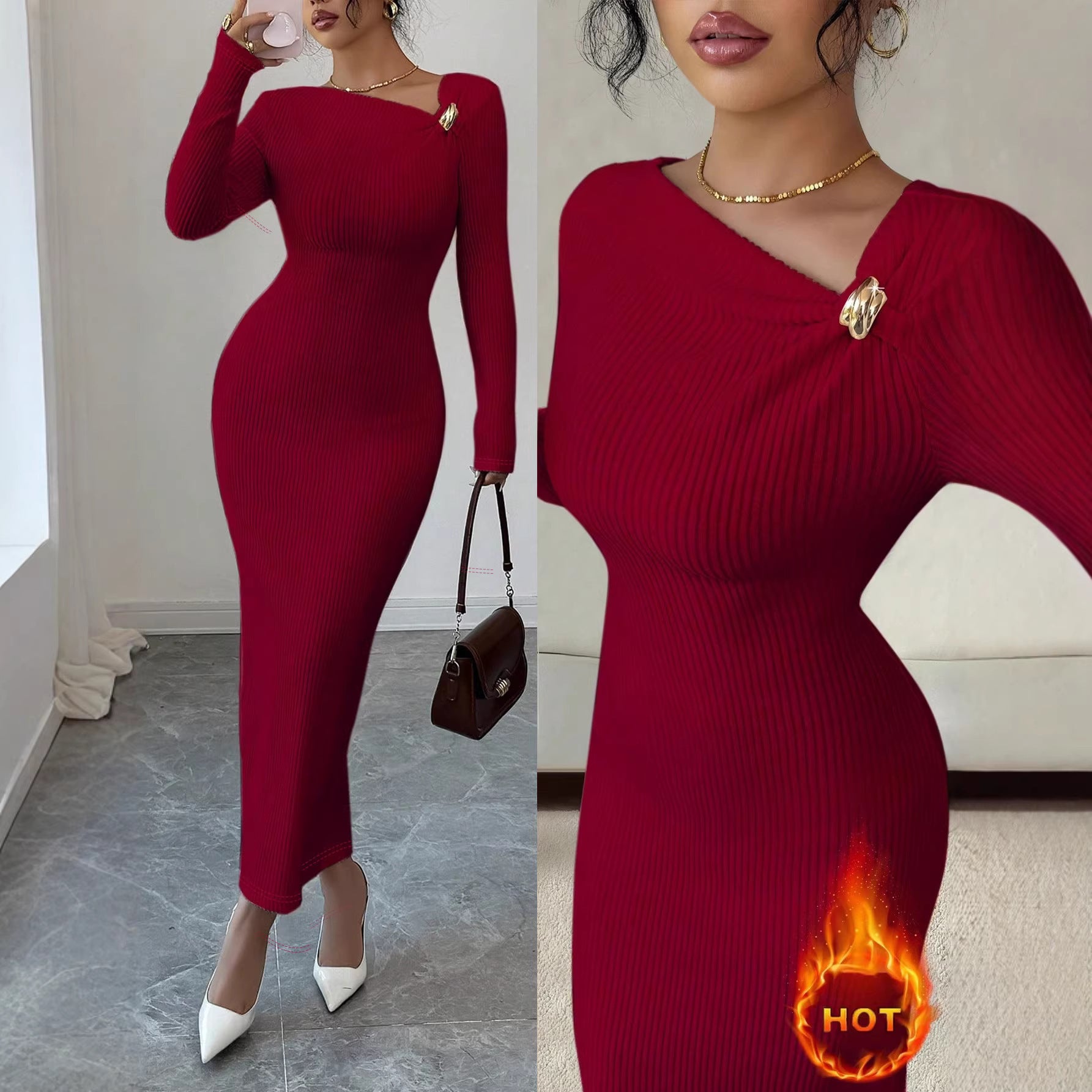 Elegant Solid Color V Neck Sheath Dress With Long Sleeve In Polyester Maxi Long Dress