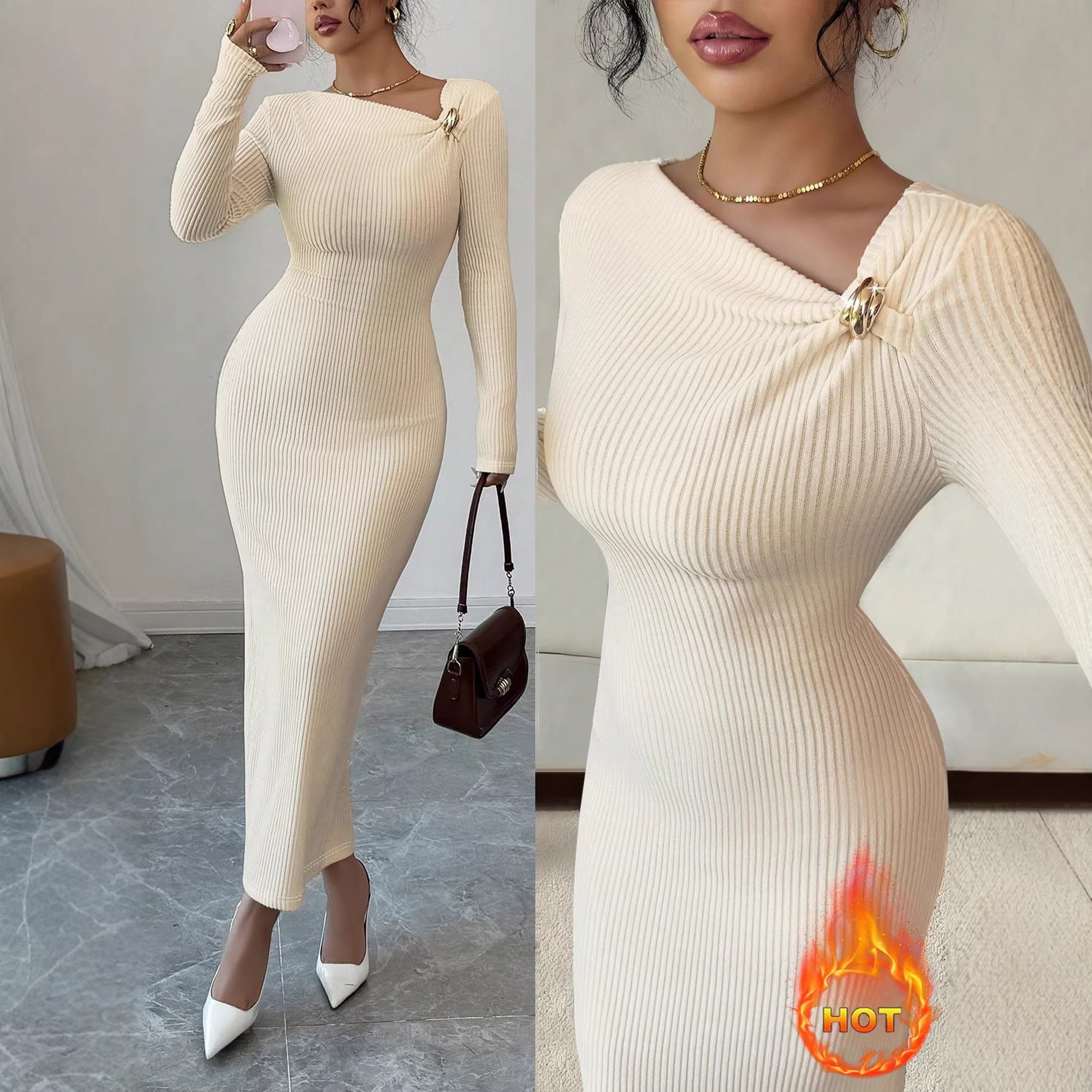 Elegant Solid Color V Neck Sheath Dress With Long Sleeve In Polyester Maxi Long Dress