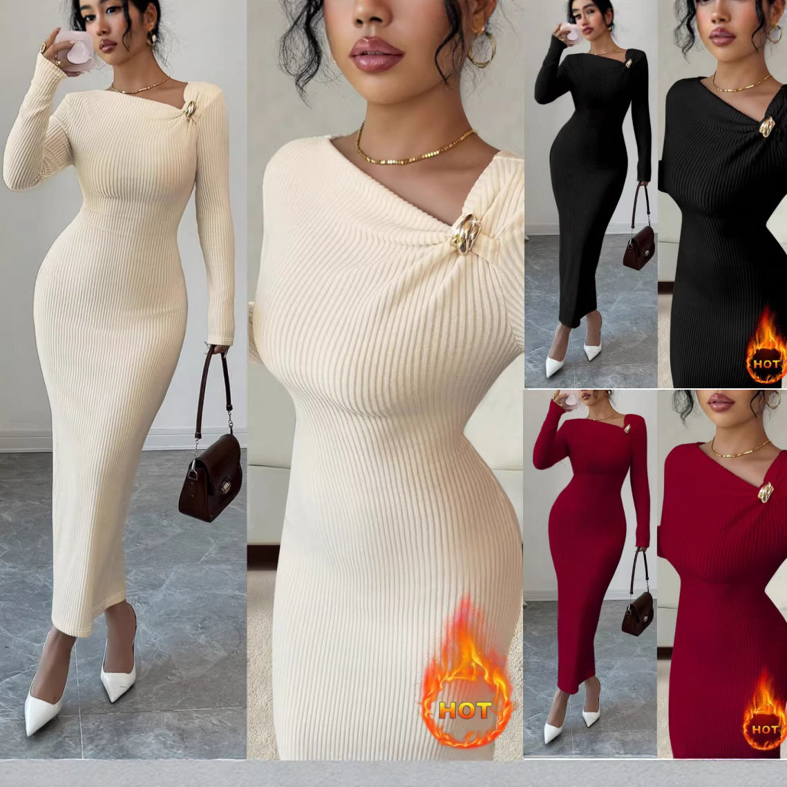 Elegant Solid Color V Neck Sheath Dress With Long Sleeve In Polyester Maxi Long Dress