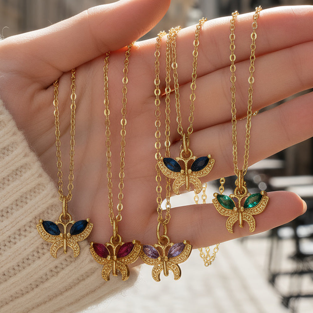 Butterfly Necklace For Women In IG Style, Electroplated Copper With 18K Gold Plating And Zircon Inlay On Cable Chain