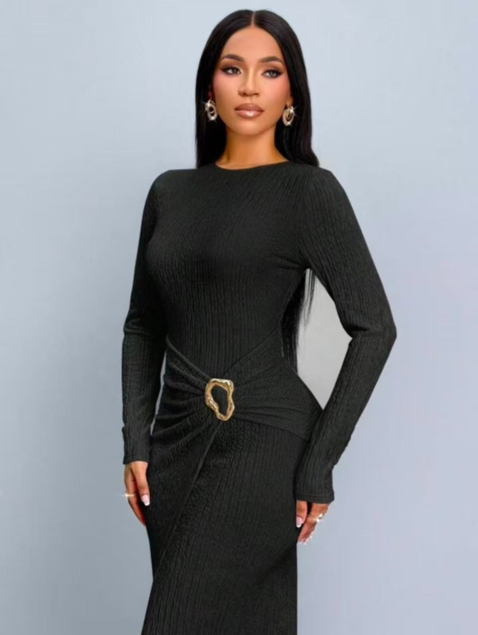 Sexy Abstract Bodycon Dress With Long Sleeve And Standing Collar In Polyester For Daily Wear