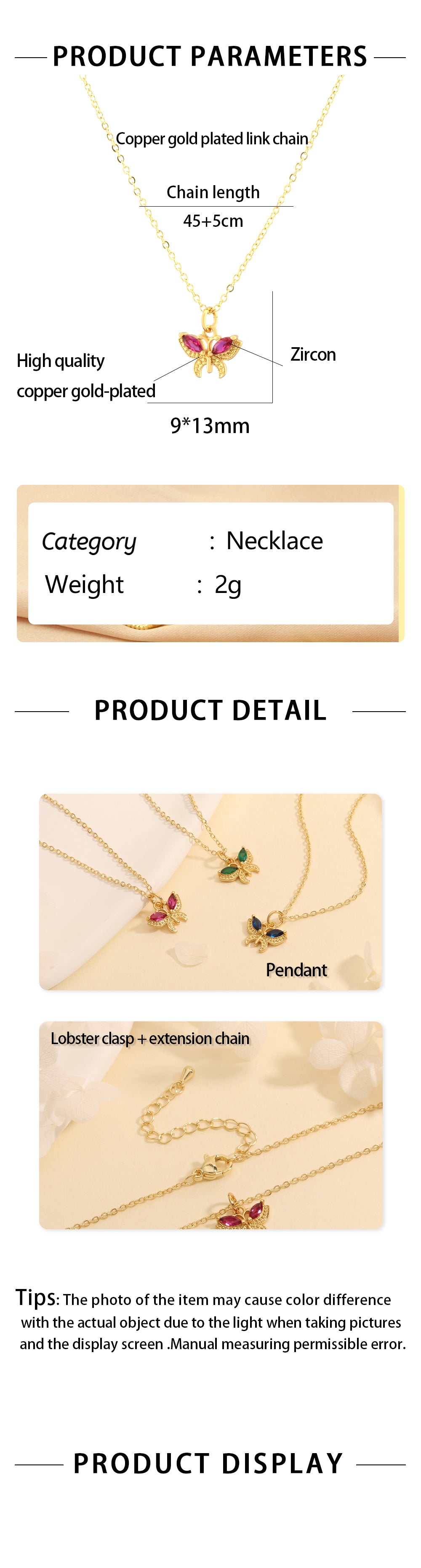 Butterfly Necklace For Women In IG Style, Electroplated Copper With 18K Gold Plating And Zircon Inlay On Cable Chain