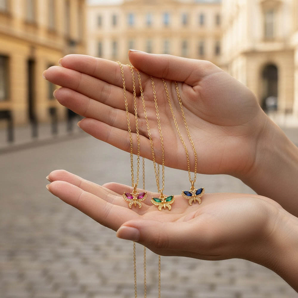 Butterfly Necklace For Women In IG Style, Electroplated Copper With 18K Gold Plating And Zircon Inlay On Cable Chain