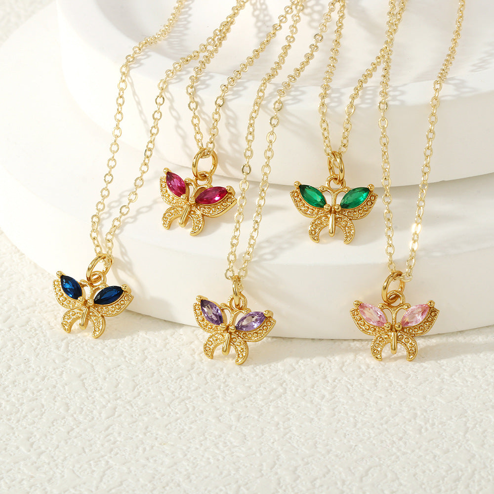 Butterfly Necklace For Women In IG Style, Electroplated Copper With 18K Gold Plating And Zircon Inlay On Cable Chain