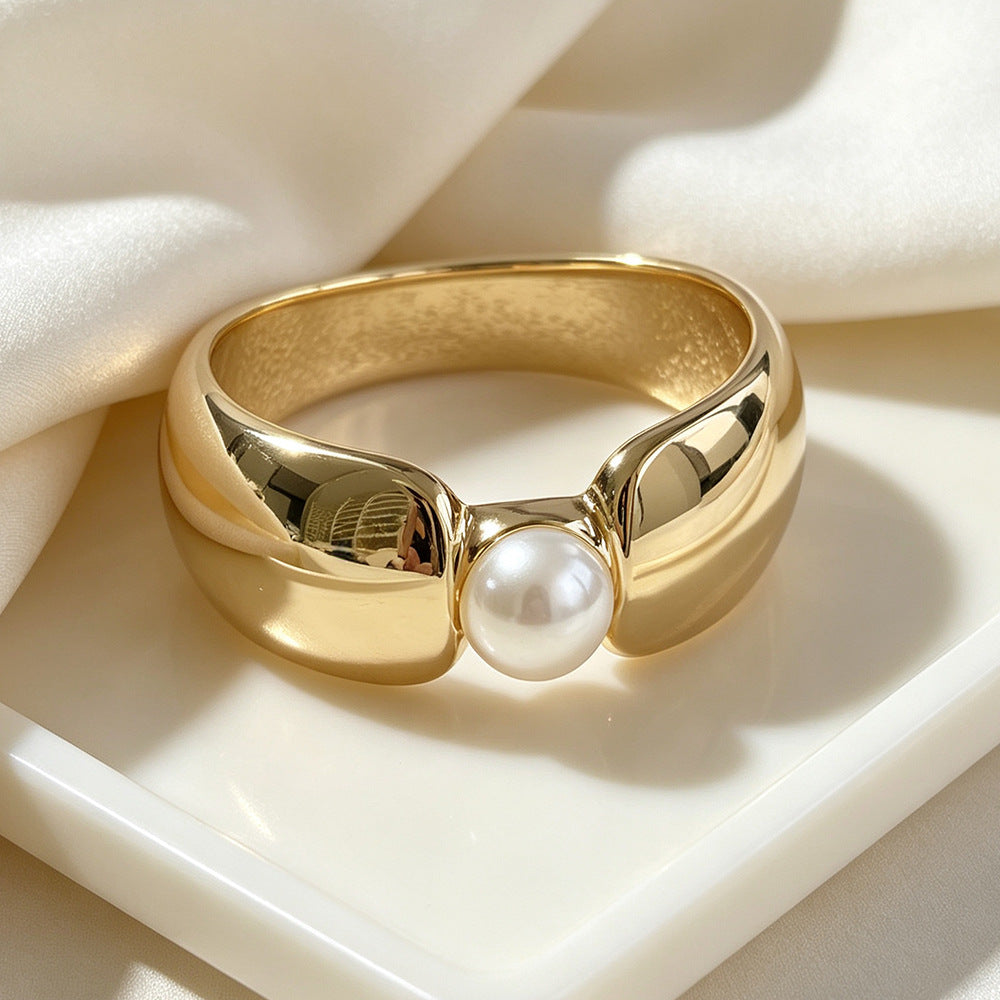 Gold Pearl Bangle For Women Featuring Electroplated Metal Craftsmanship
